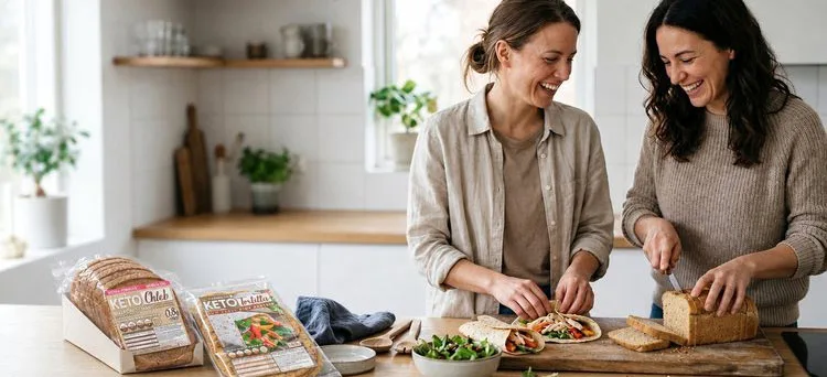 Dwie kobiety przygotowują kanapki i wrapy z pieczywa KETO CambioLabs