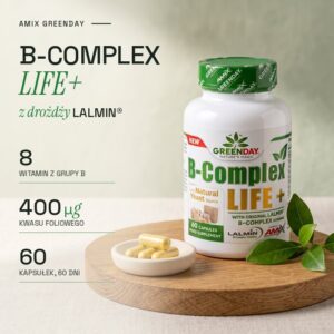 Amix GreenDay B-Complex LIFE+: 8 witamin z grupy B z drożdży Lalmin, 400 µg kwasu foliowego, 60 kapsułek na 60 dni