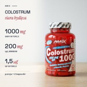 Amix Colostrum: 1000 mg siary bydlęcej w porcji, minimum 200 mg IgG, 1,5 µg IGF, porcja 2 kapsułki
