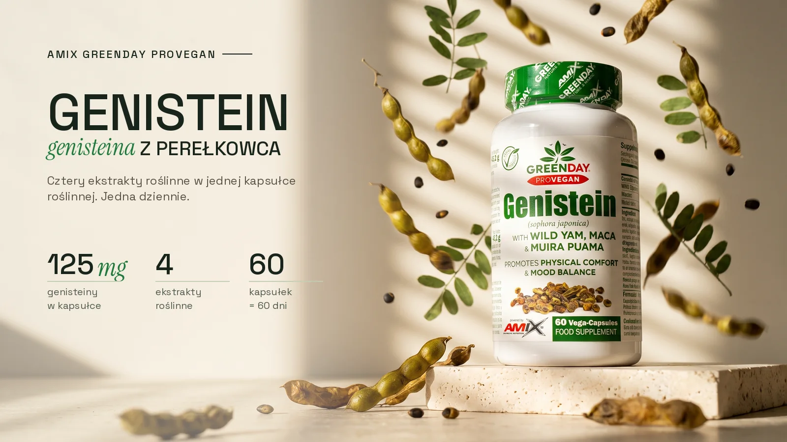 Słoik Amix GreenDay Genistein na kamiennym postumencie obok strąków perełkowca japońskiego: 125 mg genisteiny, 4 ekstrakty roślinne, 60 kapsułek