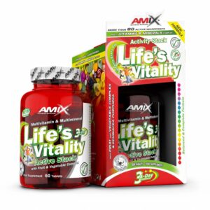 Słoik Amix Life's Vitality Active Stack 60 tabletek z etykietą Fruit & Vegetable Complex i znakiem Vegan Friendly