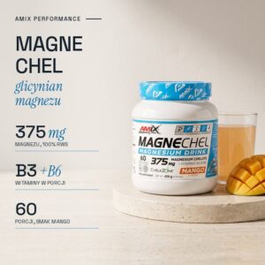 Amix MagneChel: glicynian magnezu w proszku, 375 mg magnezu (100% RWS), witaminy B3 i B6, 60 porcji, smak mango