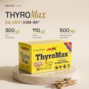 Amix ThyroMax 60 kapsułek na trawertynowym postumencie: jod 300 µg, selen 110 µg, ashwagandha KSM-66 500 mg w porcji