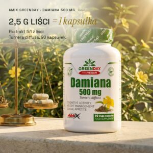 Damiana 500 mg GreenDay: 2,5 g liści = 1 kapsułka, ekstrakt 5:1 z liści Turnera diffusa, 90 kapsułek