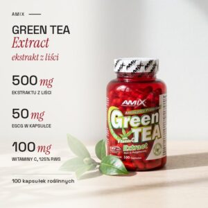 Ekstrakt z zielonej herbaty w kapsułkach Amix Green TEA Extract: 500 mg ekstraktu z liści, 50 mg EGCG, 100 mg witaminy C