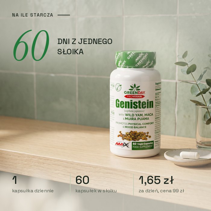 Genistein: 1 kapsułka dziennie, 60 kapsułek na 60 dni, ok. 1,65 zł dziennie