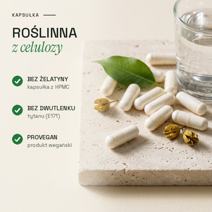 Kapsułka roślinna z celulozy: bez żelatyny, bez dwutlenku tytanu, ProVegan