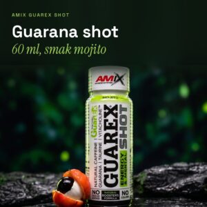 Guarex SHOT Amix, guarana shot 60 ml: ampułka i pęknięty owoc guarany