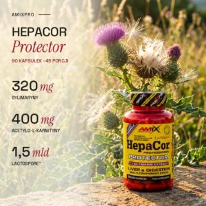 Słoik AmixPro HepaCor Protector 90 kapsułek wśród ostropestów z puchem na wietrze