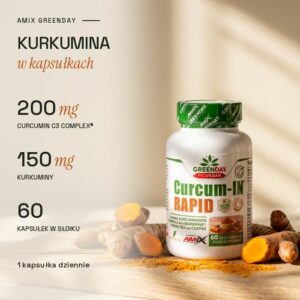 Kurkumina w kapsułkach Amix GreenDay: 200 mg Curcumin C3 Complex, 150 mg kurkuminy, 60 kapsułek