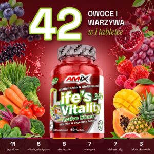 Amix Life's Vitality: 42 owoce i warzywa w jednej tabletce, słoik wśród świeżych owoców