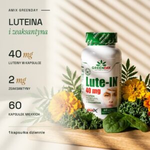 Luteina i zeaksantyna Amix GreenDay Lute-IN: 40 mg luteiny, 2 mg zeaksantyny, 60 kapsułek miękkich
