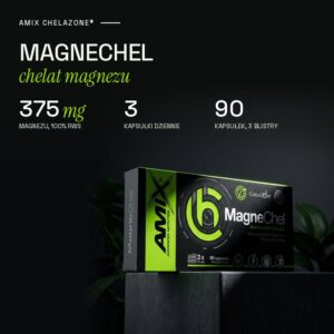 Amix MagneChel chelat magnezu: 375 mg magnezu, 100% RWS, 3 kapsułki dziennie, 90 kapsułek w 3 blistrach