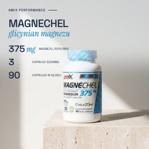 Amix MagneChel Performance glicynian magnezu: 375 mg magnezu, 100% RWS, 3 kapsułki dziennie, 90 kapsułek w słoiku
