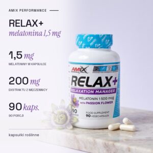 Amix Relax+ 90 kapsułek: 1,5 mg melatoniny w kapsułce, 200 mg ekstraktu z męczennicy, 90 porcji
