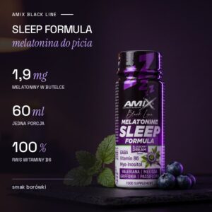 Melatonine Sleep Formula Shot 60 ml: 1,9 mg melatoniny w butelce, jedna porcja, witamina B6 100% RWS