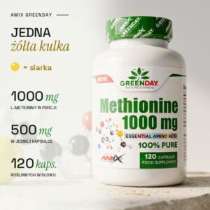 Amix GreenDay Methionine: żółta kulka w modelu cząsteczki to siarka, 1000 mg L-metioniny w porcji, 120 kapsułek