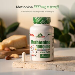 Słoik Amix GreenDay Methionine 1000 mg 120 kapsułek na trawertynie, obok kapsułka, parmezan i orzechy brazylijskie