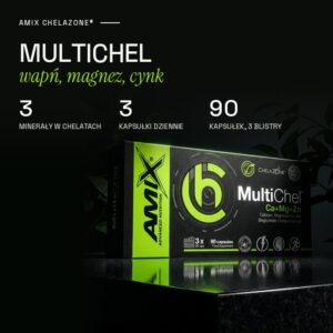 Amix MultiChel Ca+Mg+Zn: wapń, magnez i cynk w chelatach, 3 kapsułki dziennie, 90 kapsułek w 3 blistrach