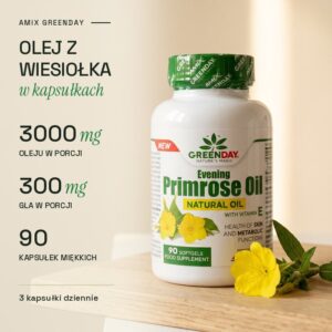 Olej z wiesiołka w kapsułkach Amix GreenDay: 3000 mg oleju i 300 mg GLA w porcji, 90 kapsułek miękkich