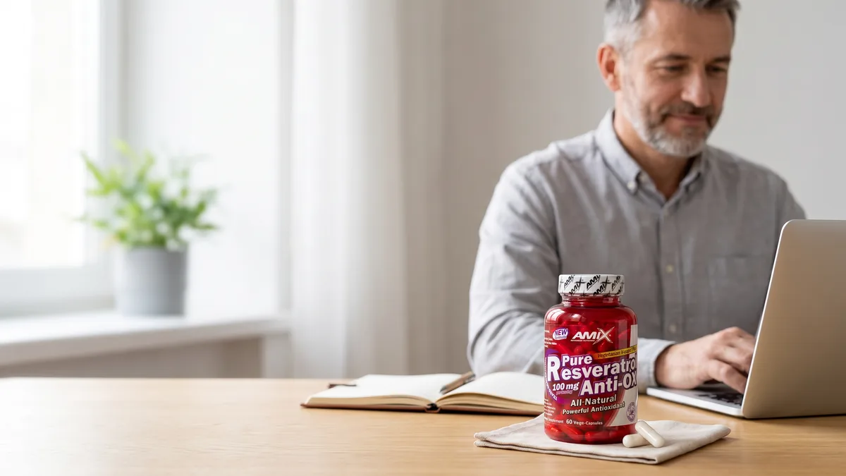 Słoik Amix Pure Resveratrol na biurku obok notesu, w tle mężczyzna przy laptopie