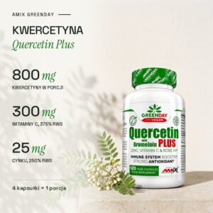 Kwercetyna Quercetin Plus Amix GreenDay: 800 mg kwercetyny, 300 mg witaminy C i 25 mg cynku w porcji 4 kapsułek