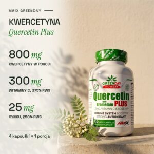 Kwercetyna Quercetin Plus Amix GreenDay: 800 mg kwercetyny, 300 mg witaminy C i 25 mg cynku w porcji 4 kapsułek