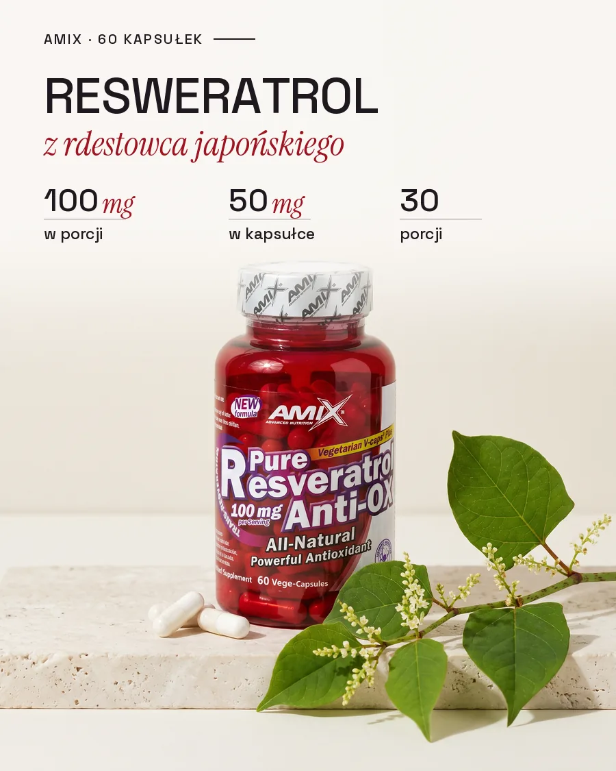 Amix Pure Resveratrol: 100 mg trans-resweratrolu w porcji, 50 mg w kapsułce, 30 porcji
