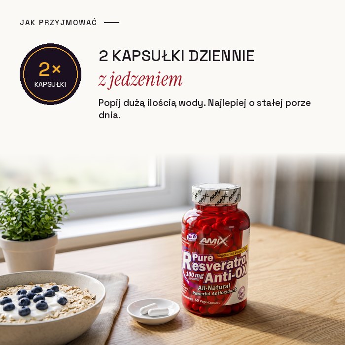 Amix Pure Resveratrol: 2 kapsułki dziennie z jedzeniem, popić dużą ilością wody