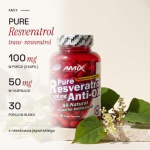 Resweratrol Amix Pure Resveratrol: 100 mg trans-resweratrolu w porcji, 50 mg w kapsułce, 30 porcji, z rdestowca japońskiego