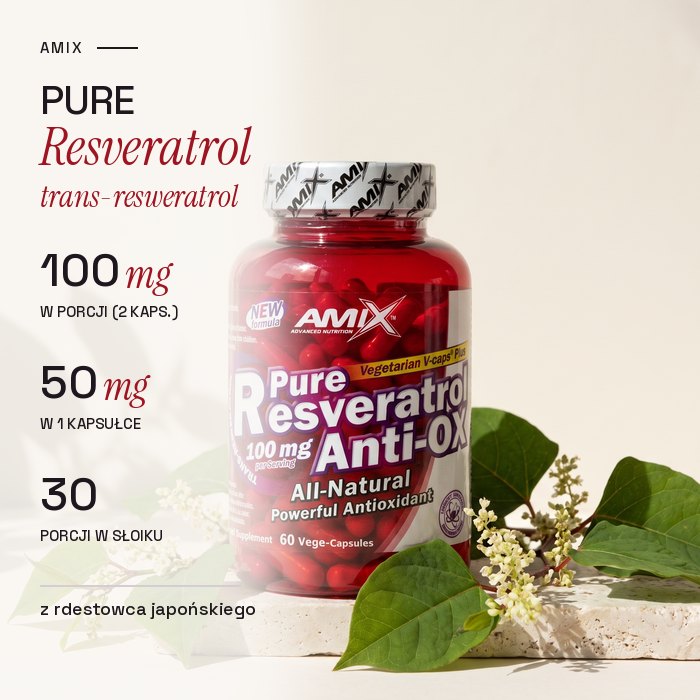 Resweratrol Amix Pure Resveratrol: 100 mg trans-resweratrolu w porcji, 50 mg w kapsułce, 30 porcji, z rdestowca japońskiego