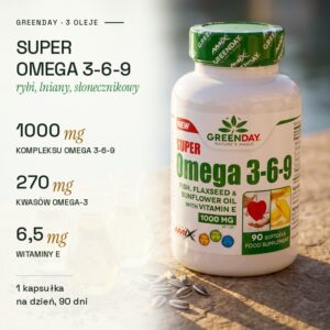 Super Omega 3-6-9 GreenDay: olej rybi, lniany i słonecznikowy, 1000 mg w kapsułce