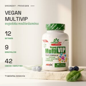 Amix Vegan MultiVIP: 12 witamin, 9 minerałów i 42 owoce i warzywa, 1 tabletka dziennie